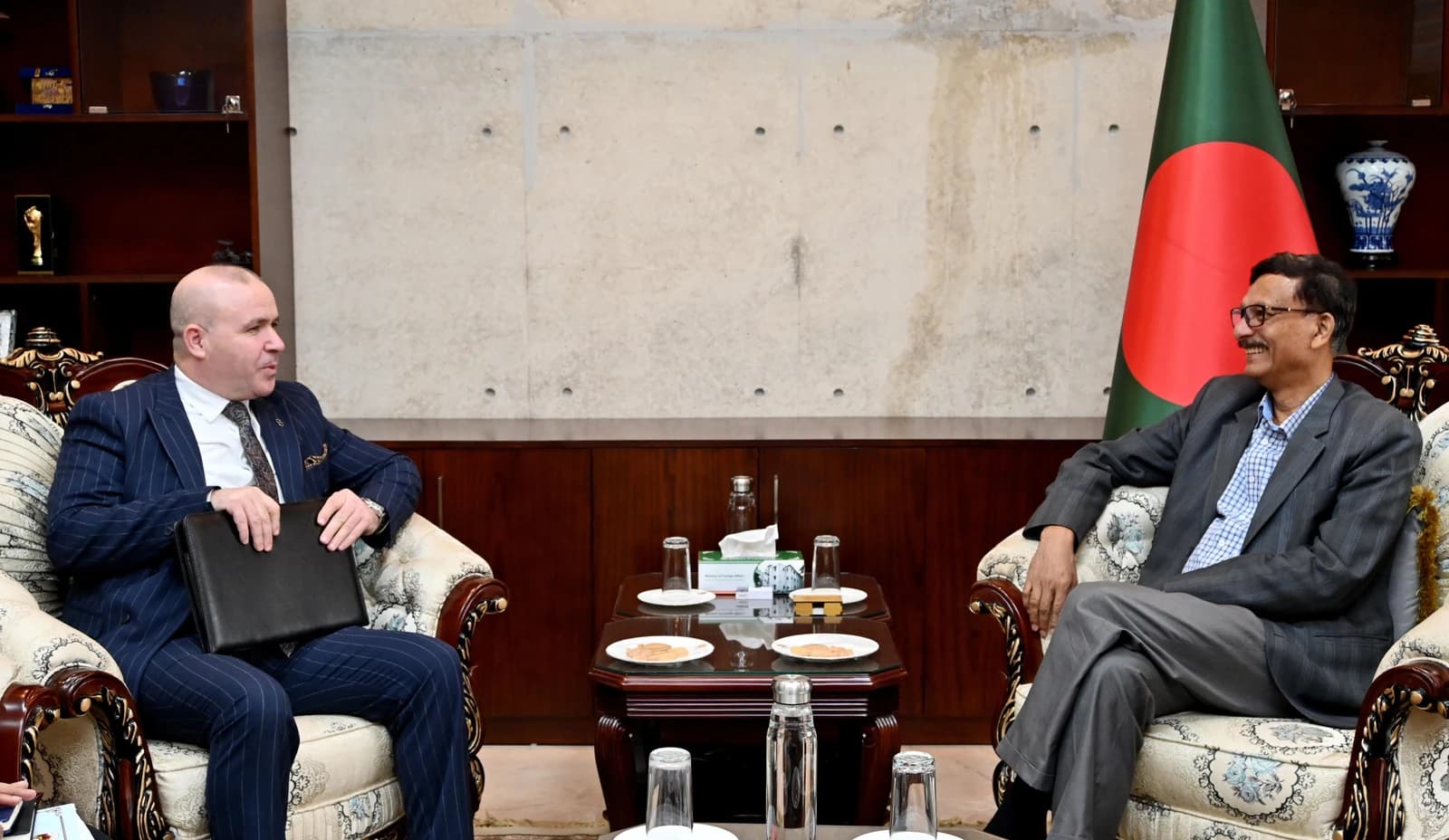 Algerian Ambassador Abdelouahab Saidani meets Bangladesh Foreign Advisor Touhid Hossain in Dhaka.