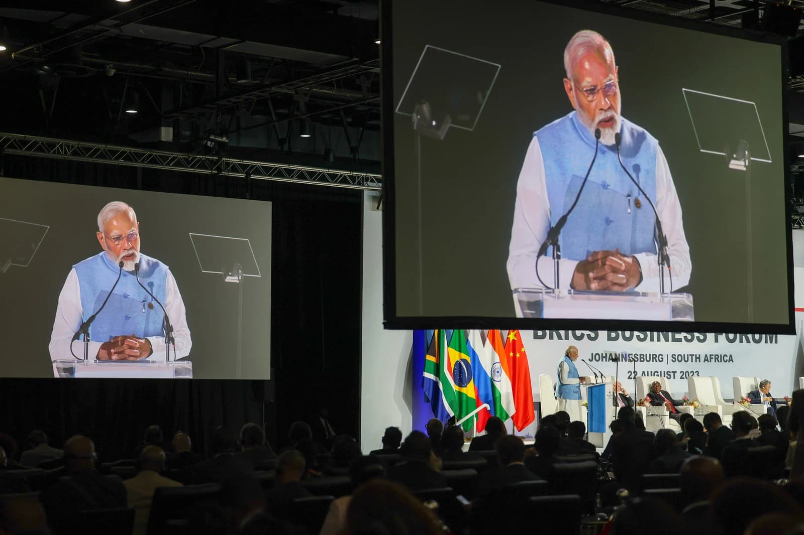 Narendra Modi, Prime Minister of India, speaking at a BRICS conference.