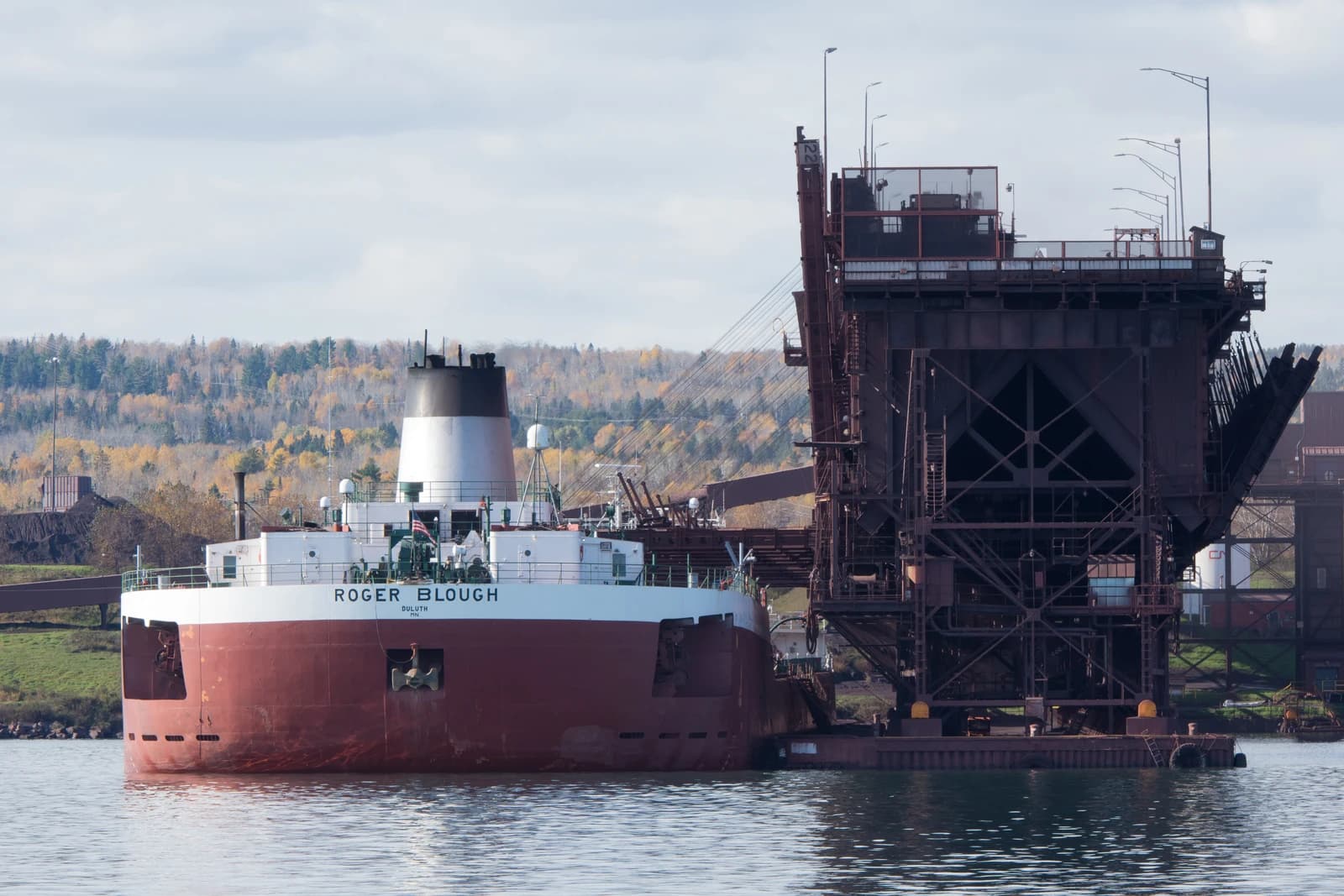 MV Roger Blough, a bulk carrier, loading taconite pellets at a port in Two Harbors, Minnesota.