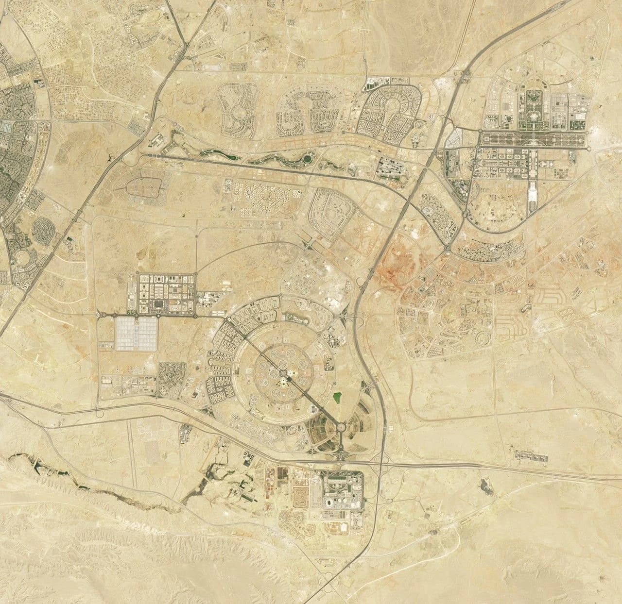 Aerial view showing development and infrastructure within the New Administrative Capital of Egypt.