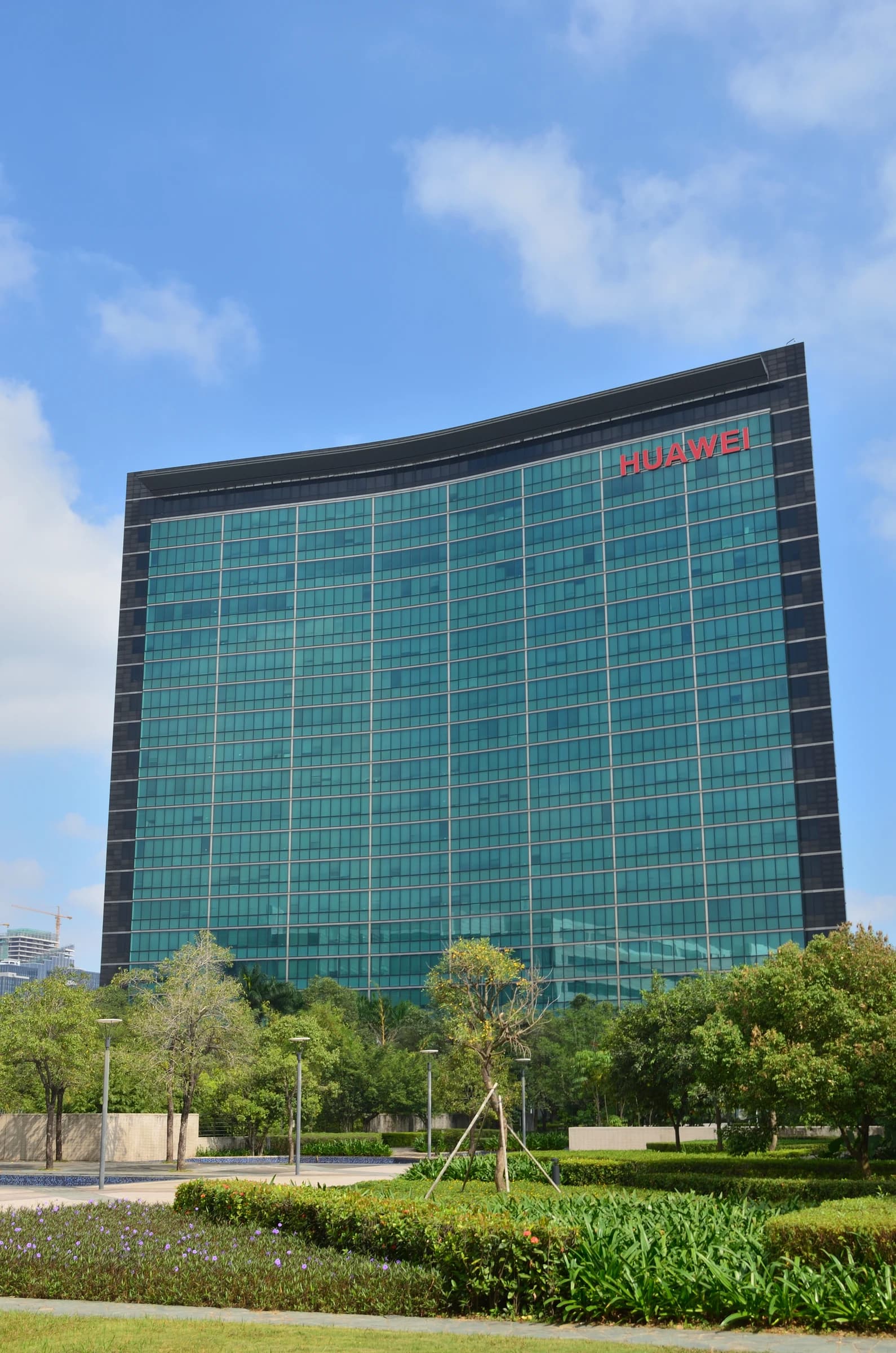 Exterior view of the modern glass and steel Huawei building in Shenzhen, China.