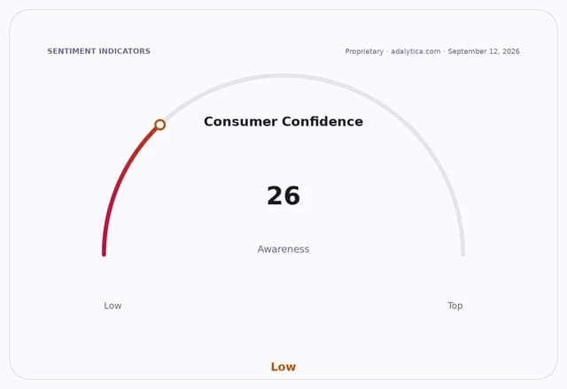 Consumer Confidence gauge dial showing a reading of 26, indicating Low awareness.