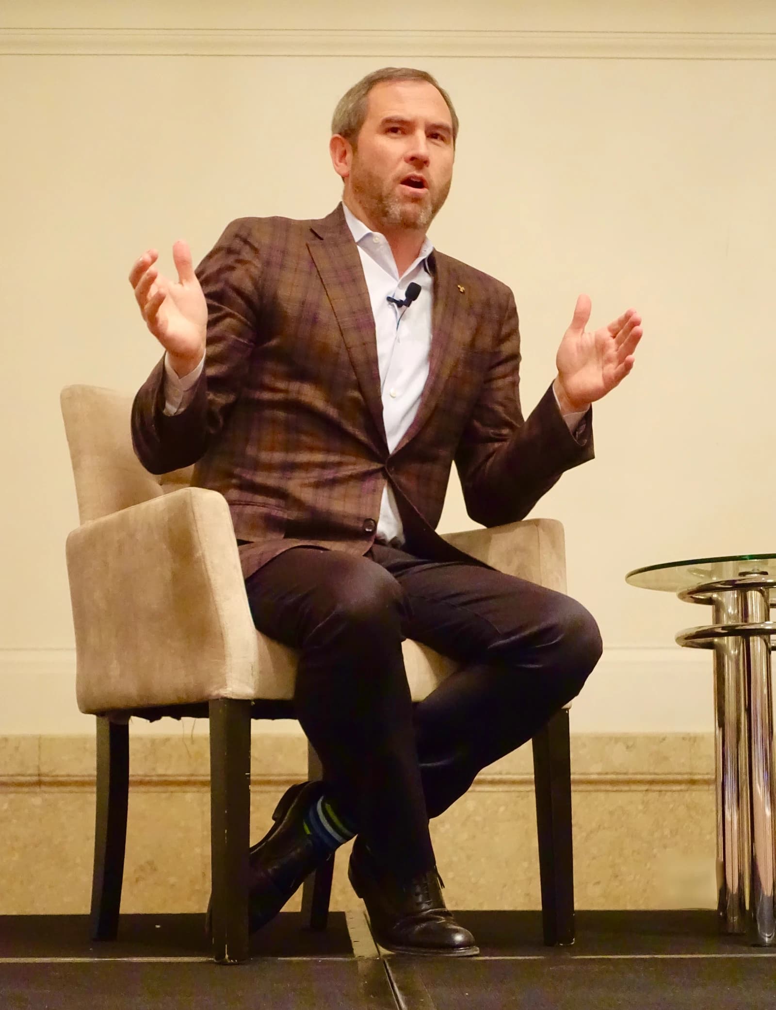 Brad Garlinghouse, CEO of Ripple, sitting and speaking with hands raised.