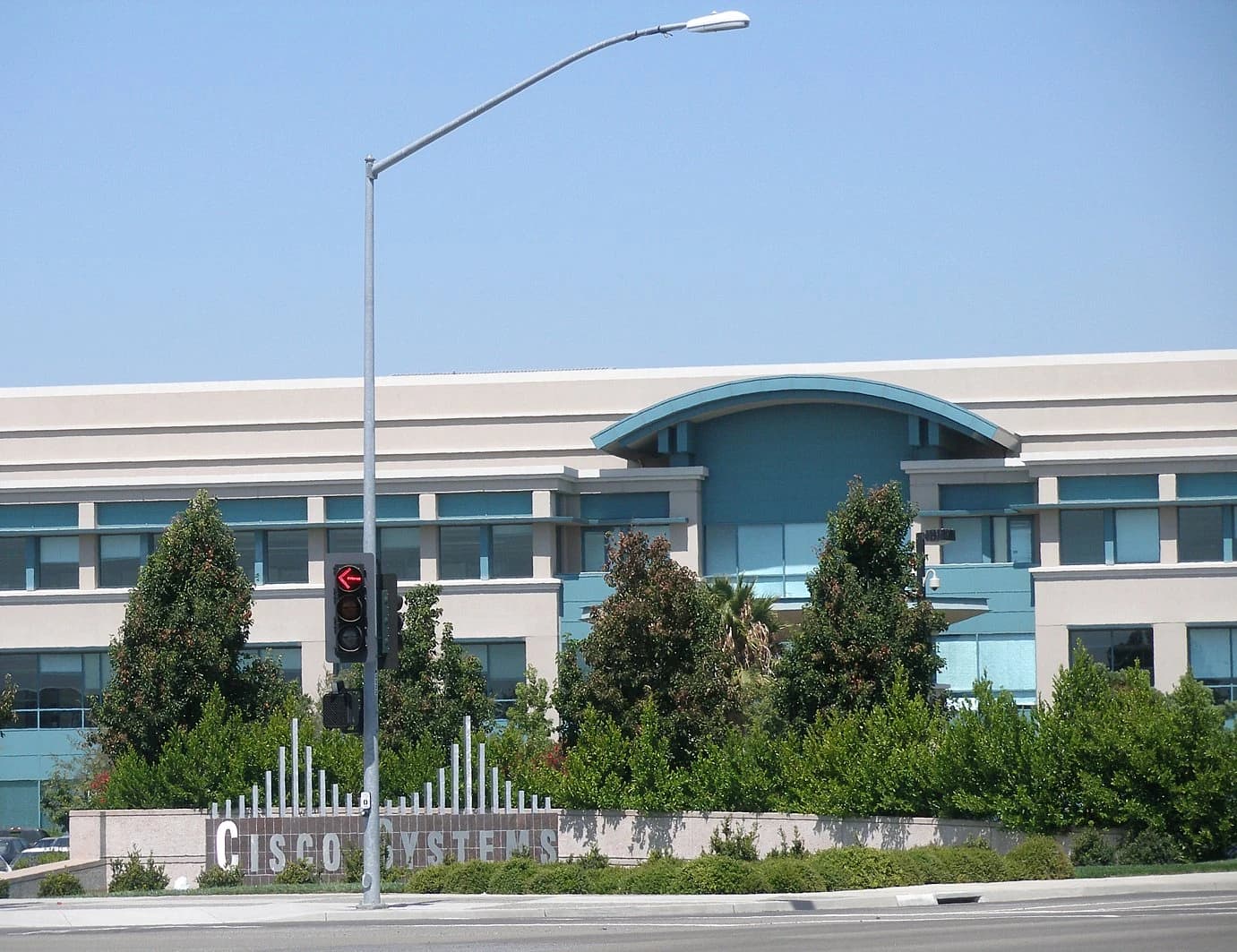 Exterior view of the Cisco Systems corporate headquarters building.