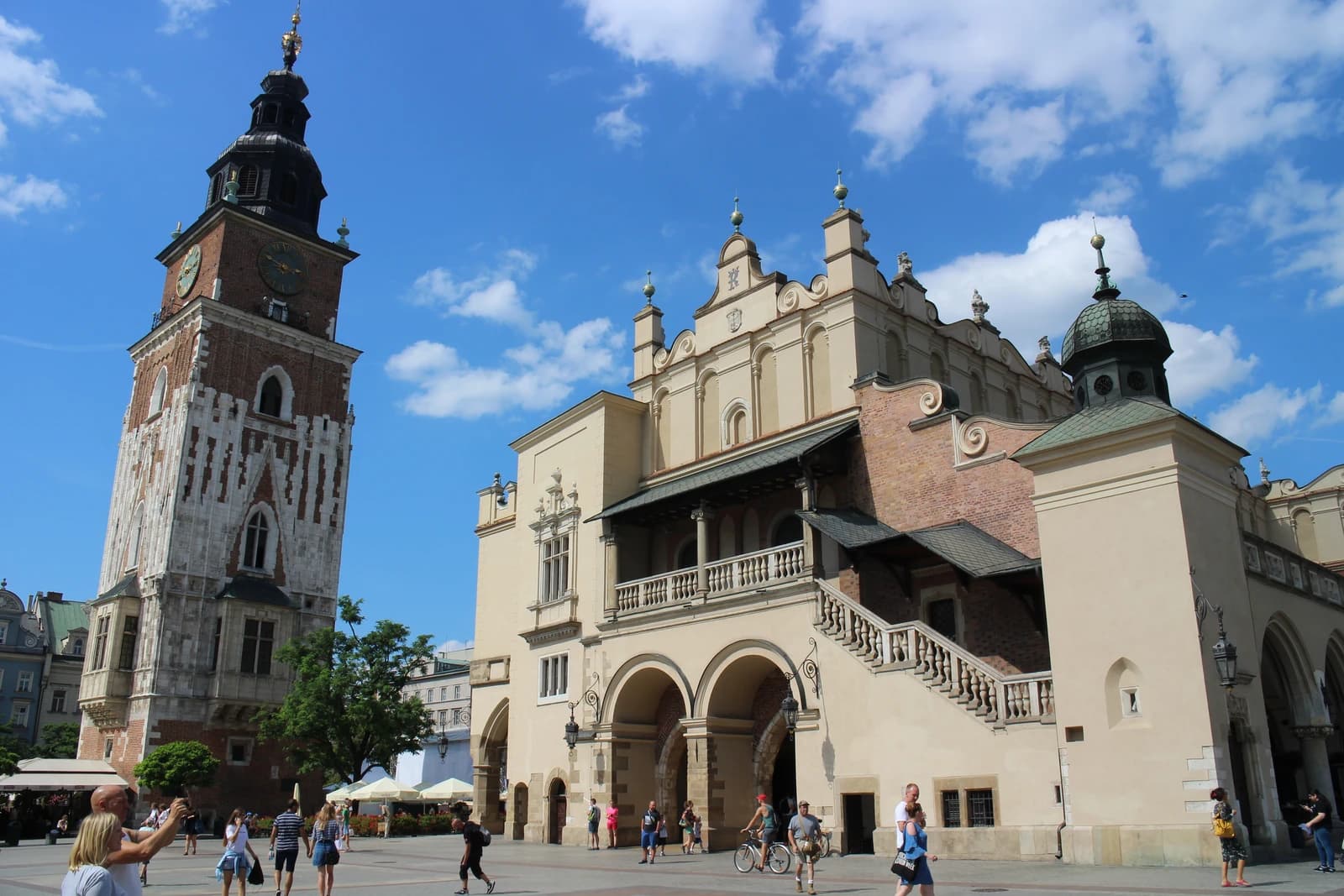 Town Hall Tower and Sukiennice, historical buildings in the main square of Kraków, Poland.