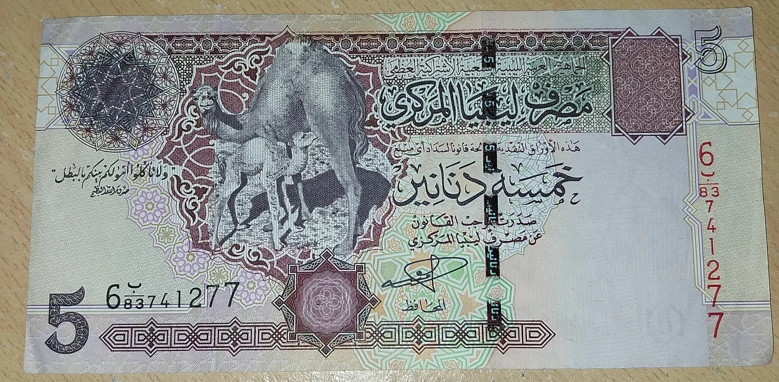 Close-up of a Libyan 5-dinar banknote featuring a camel and two calves.