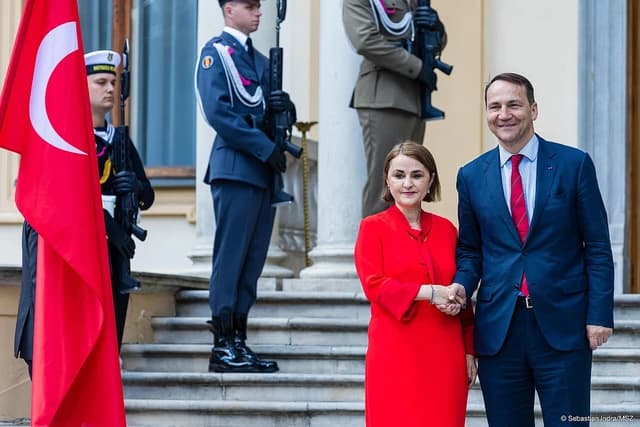 Polish Foreign Minister Radosław Sikorski shaking hands with a female foreign dignitary on steps.