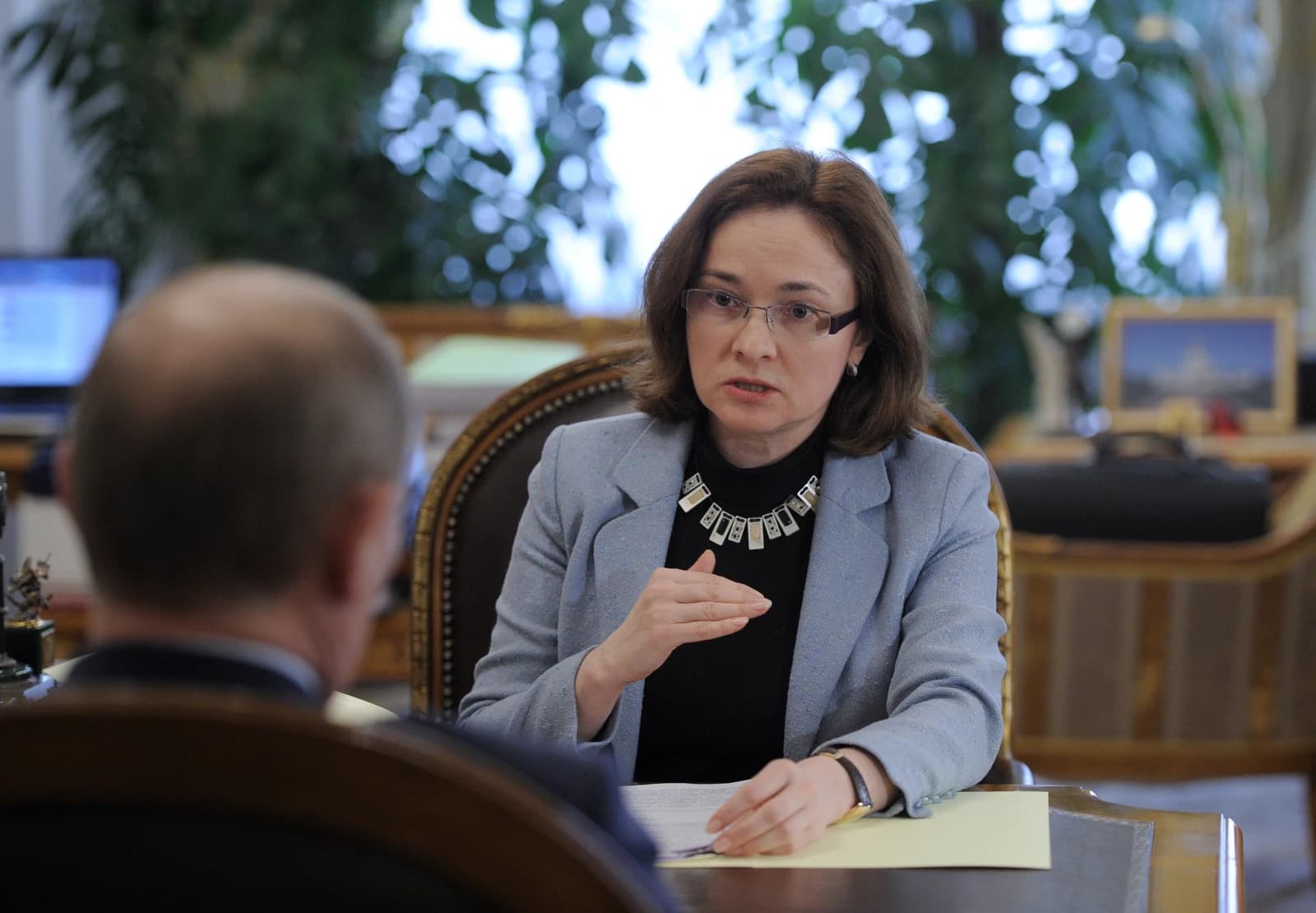 Elvira Nabiullina, Governor of the Central Bank of Russia, speaks during a formal meeting.