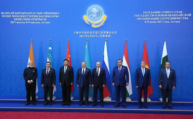 Leaders of SCO member countries pose for a group photo at the 2017 Summit in Astana.