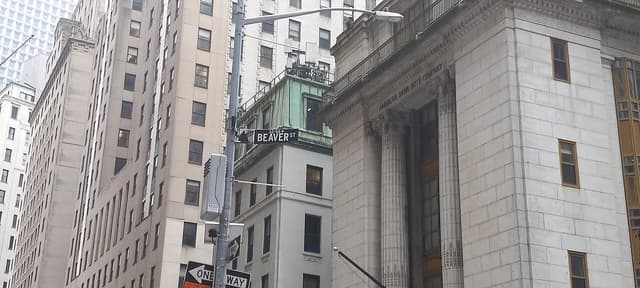 Street sign showing "BEAVER ST" in Manhattan, with surrounding financial buildings.