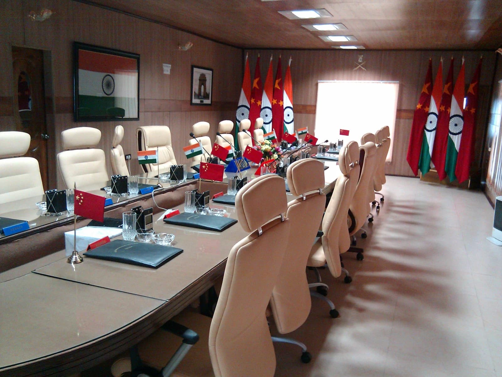 Conference hall on the Indian side, equipped with Indian and Chinese flags.
