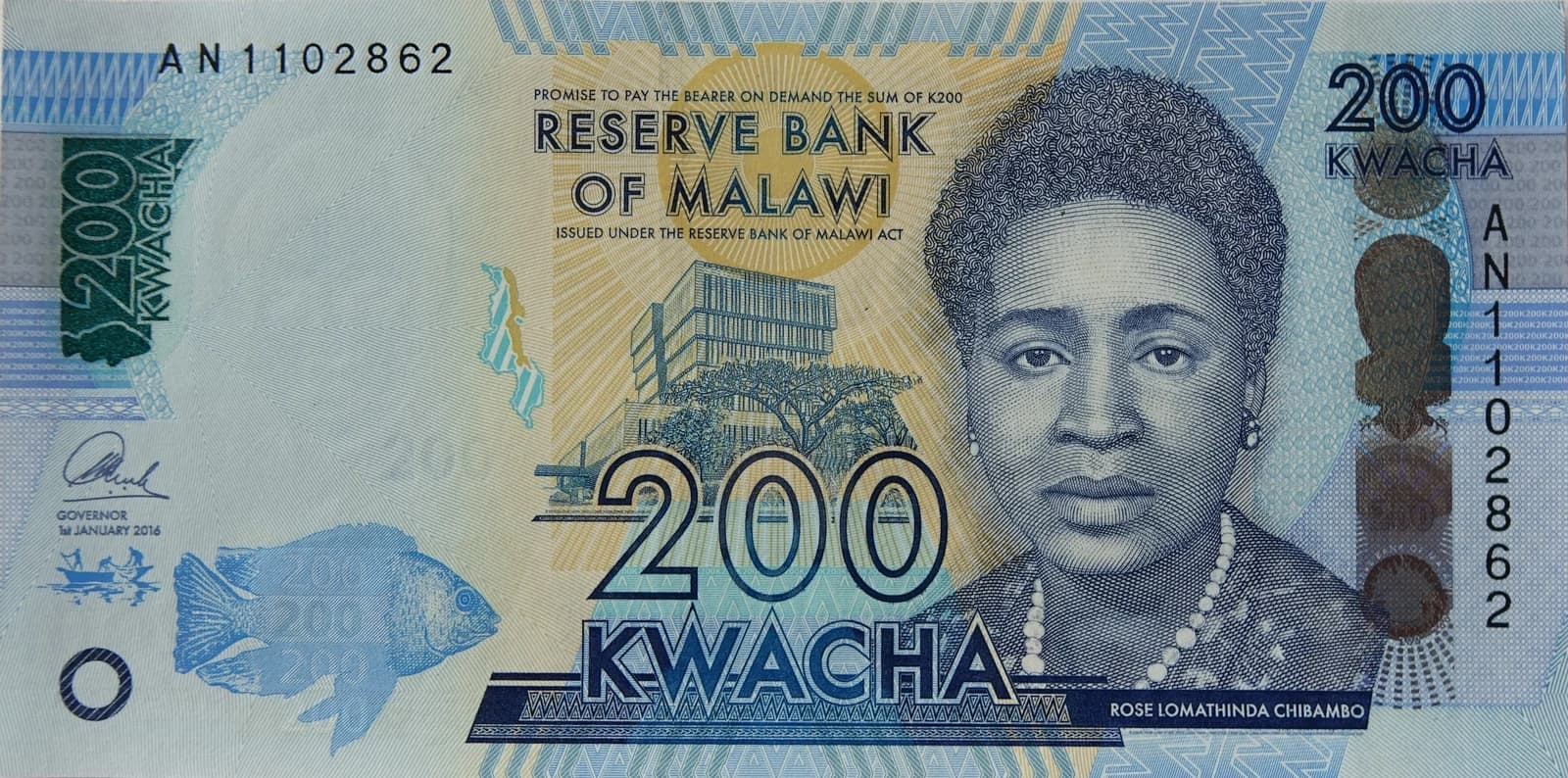 200 Malawian Kwacha banknote showing Rose Lomathinda Chibambo and the Reserve Bank of Malawi.