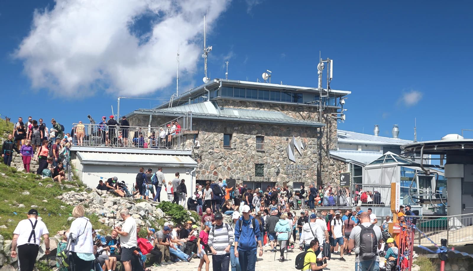 People gathered at the Kasprowy Wierch cable car station under a blue sky.