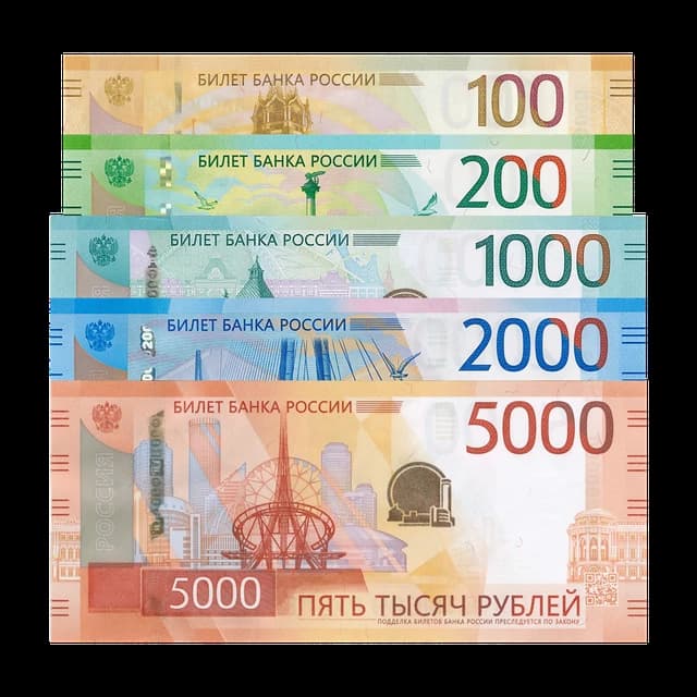 A selection of Russian Ruble banknotes, including 100, 200, 1000, 2000, and 5000 Ruble denominations.