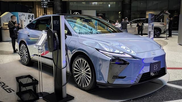 Lexus ES 350e electric car on display at an exhibition in Osaka.