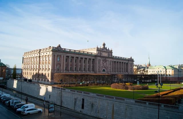 Riksdagshuset, the Parliament House of Sweden, on a sunny day in Stockholm.