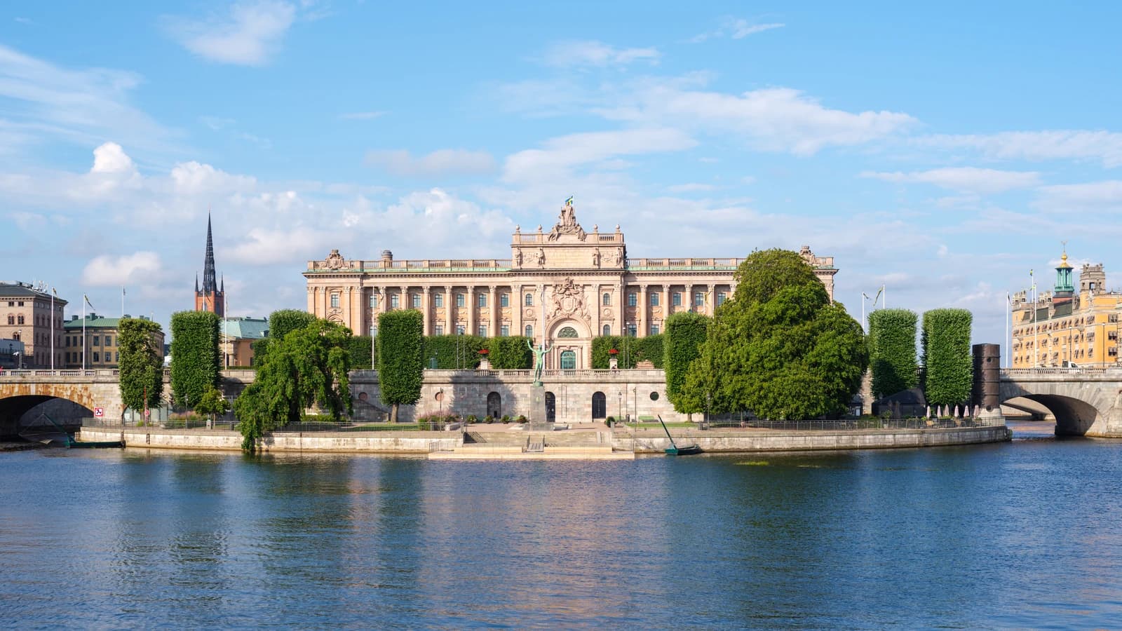 The Riksdag building, Swedish Parliament House, viewed across the water on a sunny day.