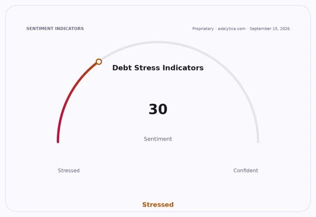 Debt Stress Indicators gauge dial showing a 'Stressed' sentiment at a reading of 30.