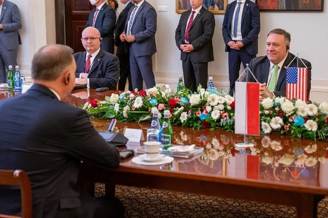 Secretary Pompeo meets with Polish President Andrzej Duda at a meeting in Poland.
