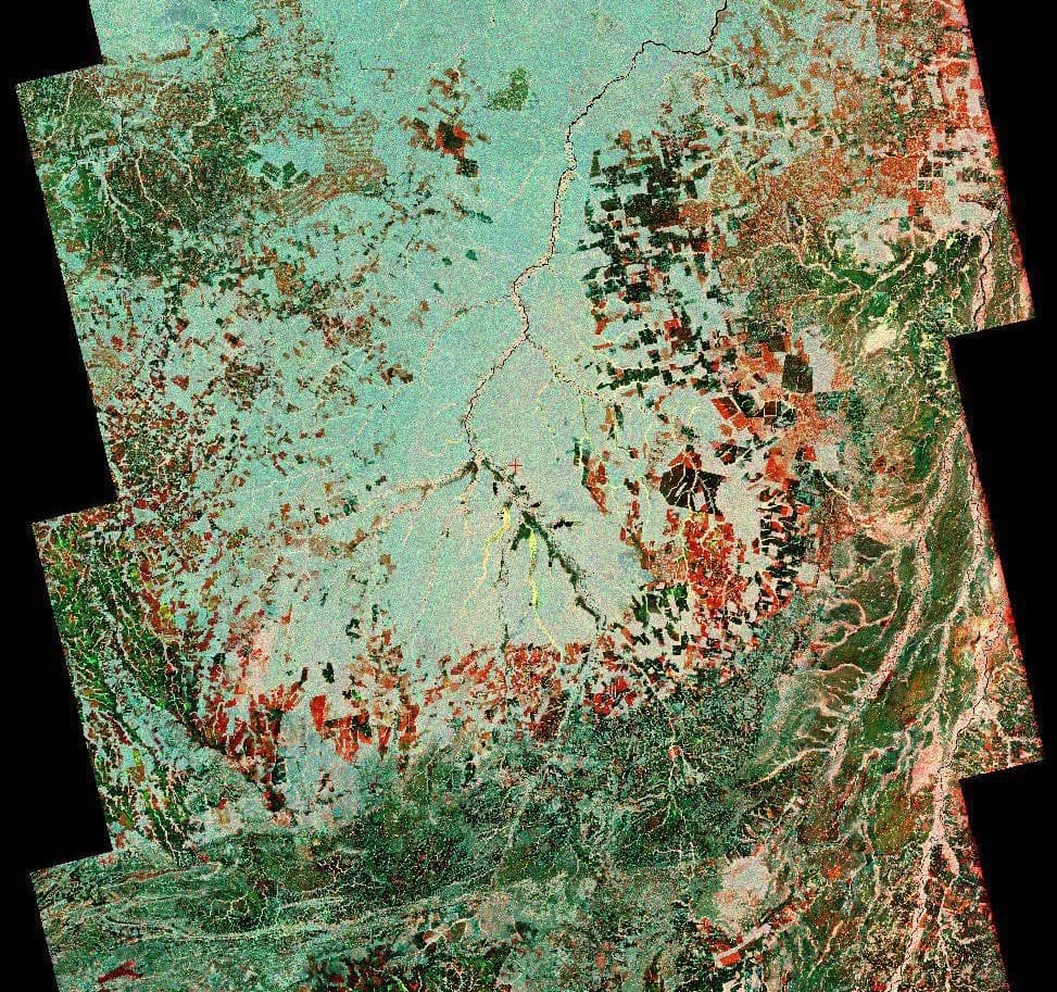 Satellite imagery of Brazil's 'Arc of Deforestation' with areas of varying vegetation density.