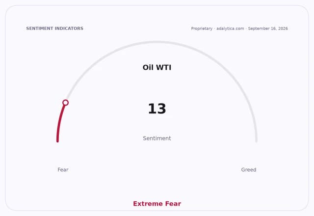 Oil WTI sentiment gauge dial indicating 'Extreme Fear' at a reading of 13.
