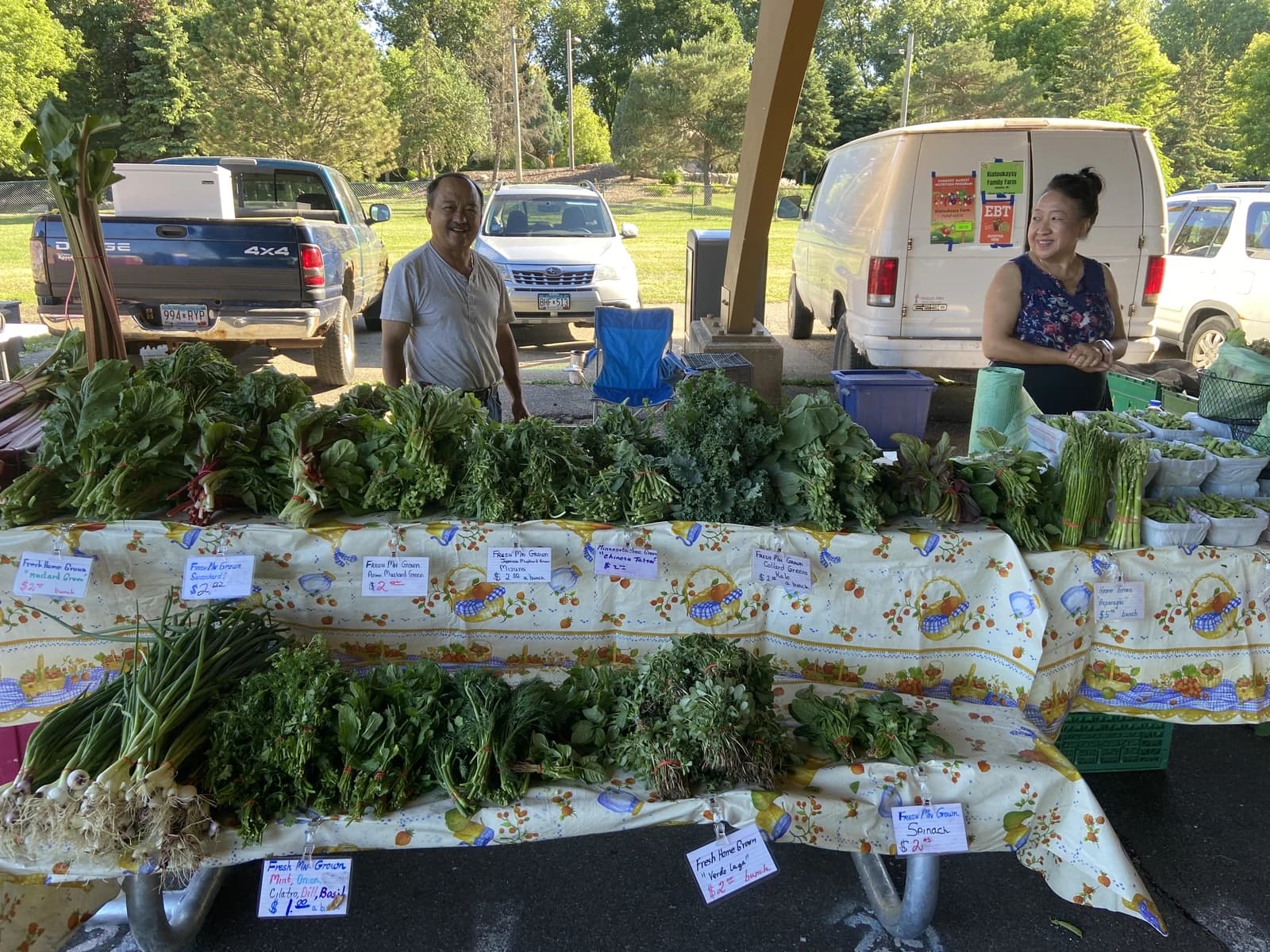 Two vendors standing behind a stall filled with fresh green produce at a farmers market.