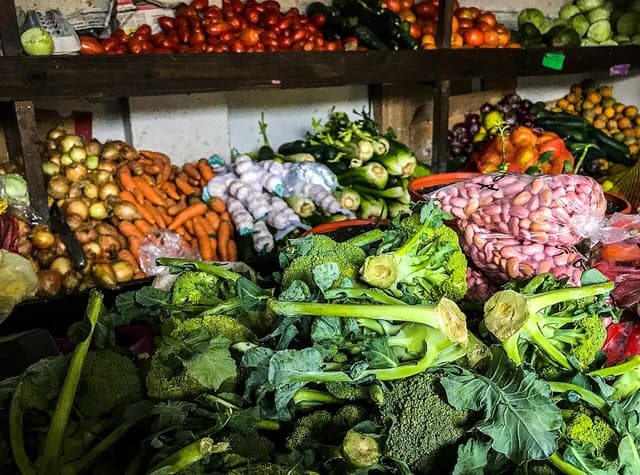 Various fresh vegetables and fruits, including broccoli, carrots, and onions, on display at a market.