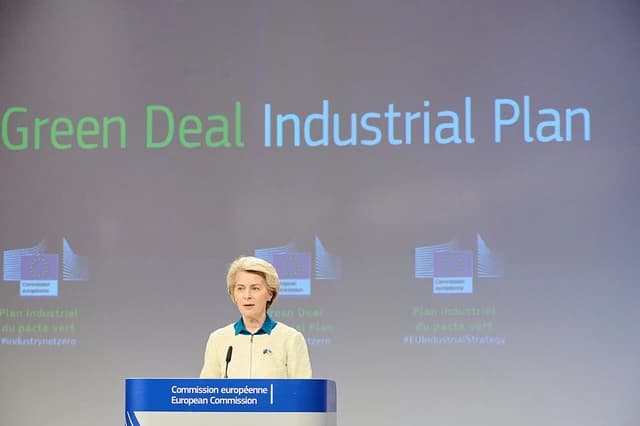 Ursula von der Leyen, President of the European Commission, speaking from a podium.