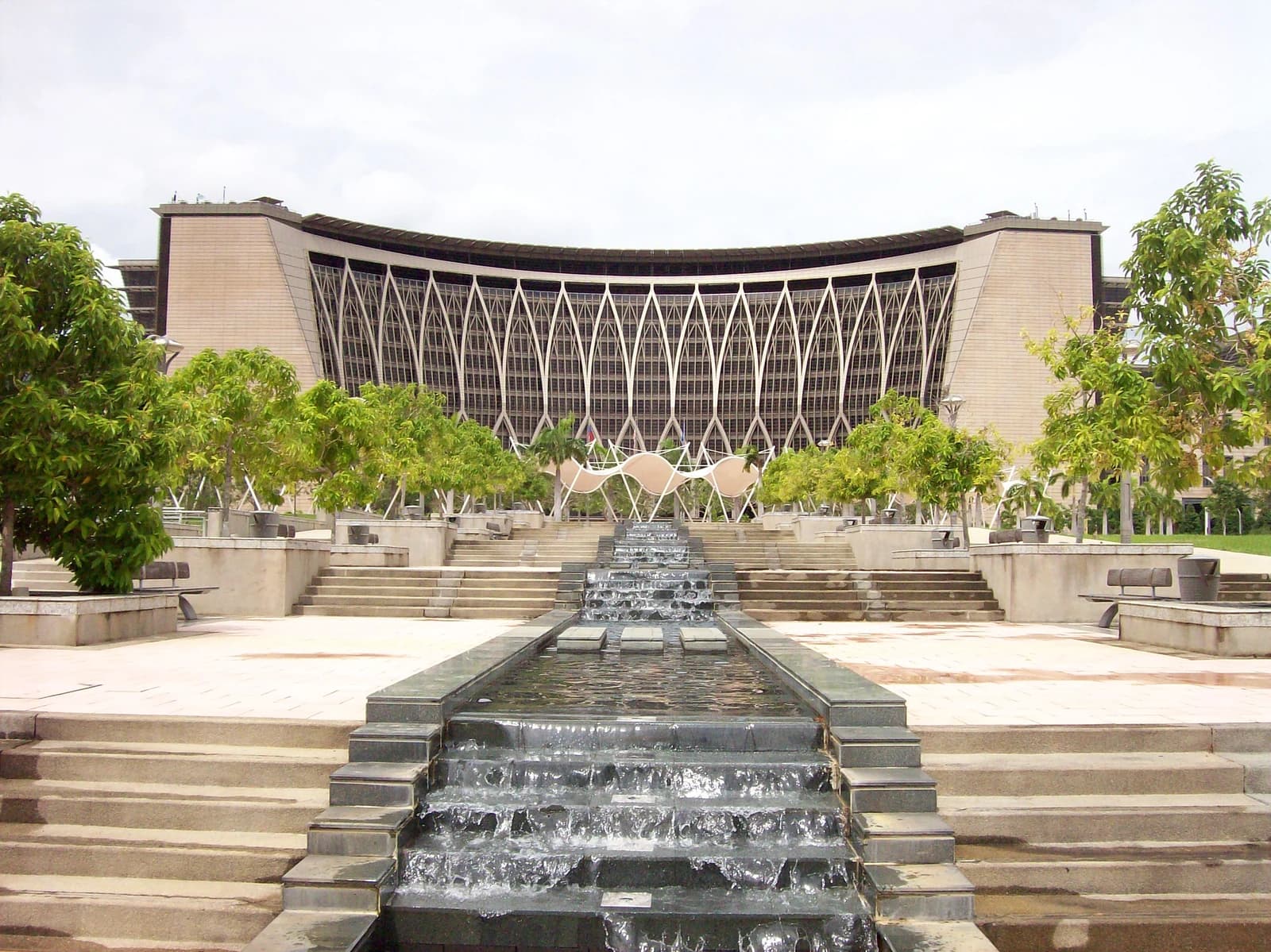 Ministry of Finance building, Putrajaya, Malaysia, with water features.
