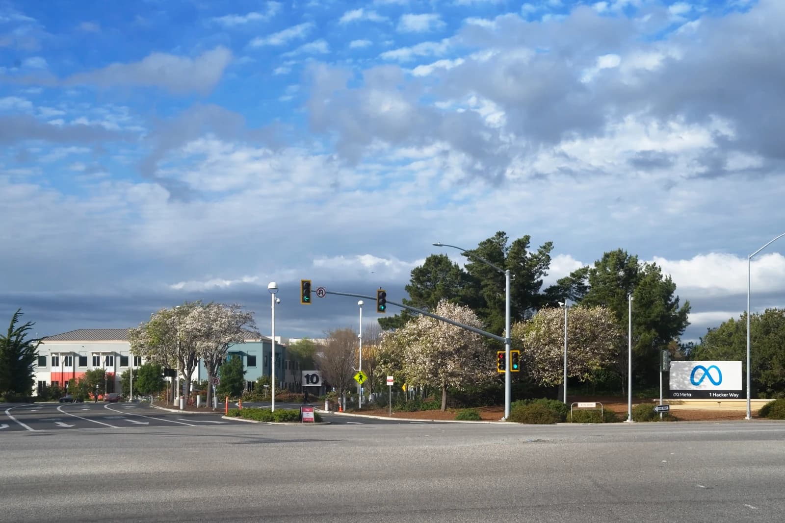 Entrance to Meta Platforms Headquarters at 1 Hacker Way, Menlo Park, California.