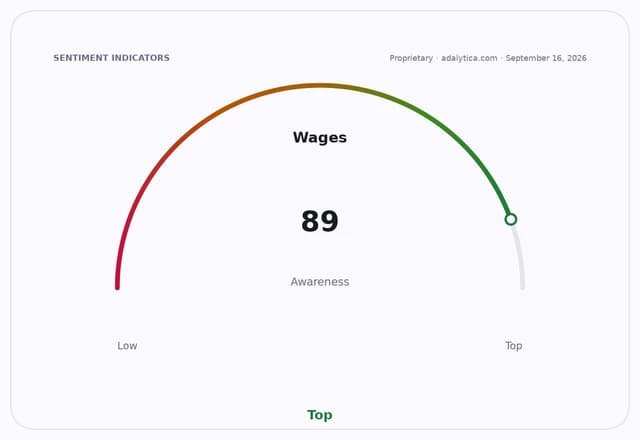 A sentiment gauge dial showing 'Wages' awareness at a high level of 89, marked 'Top'.