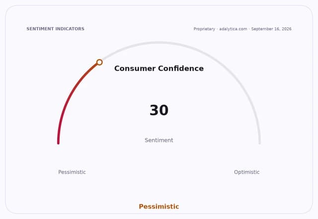 Consumer Confidence sentiment gauge showing a pessimistic reading of 30.