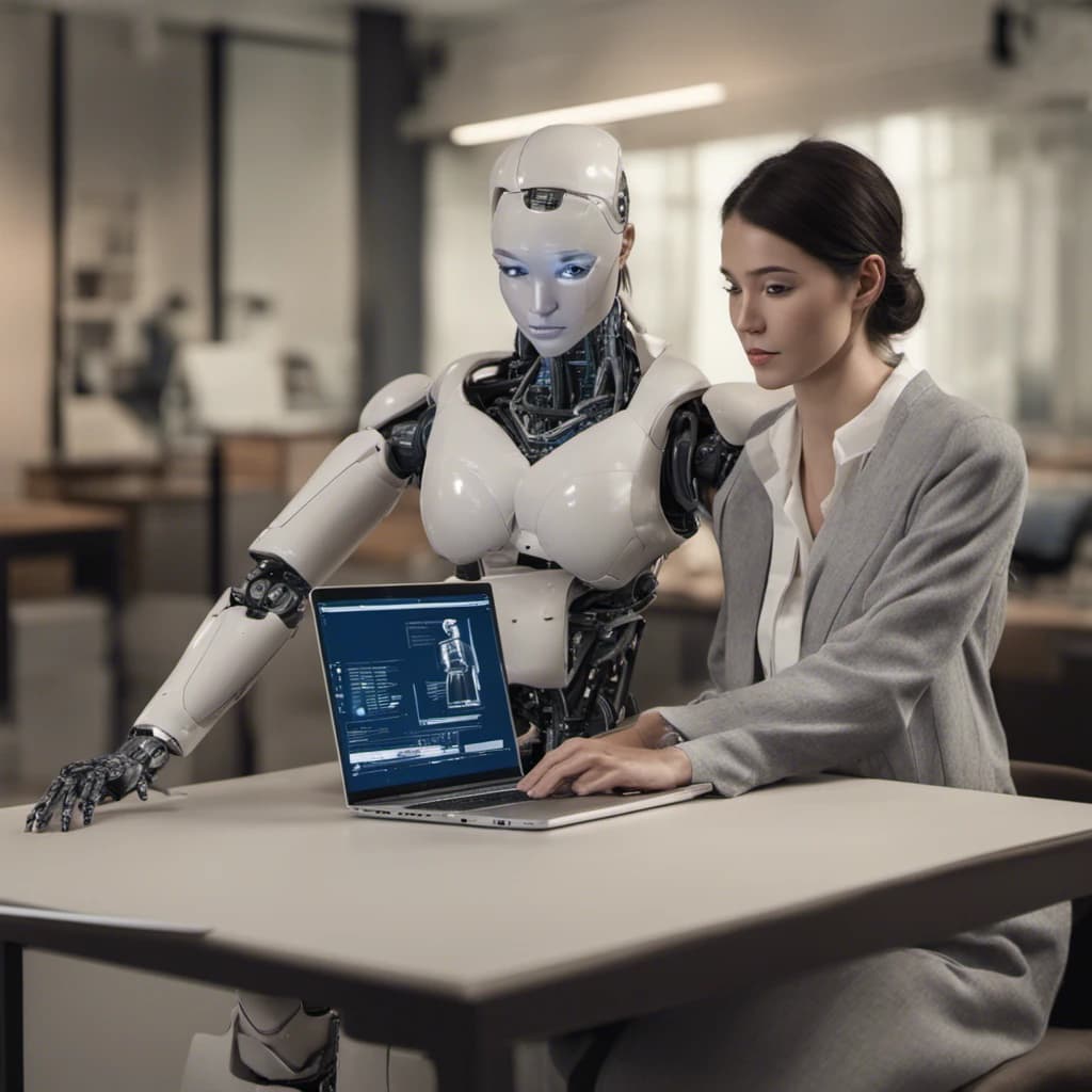 Woman and humanoid robot retrieve information from a laptop.