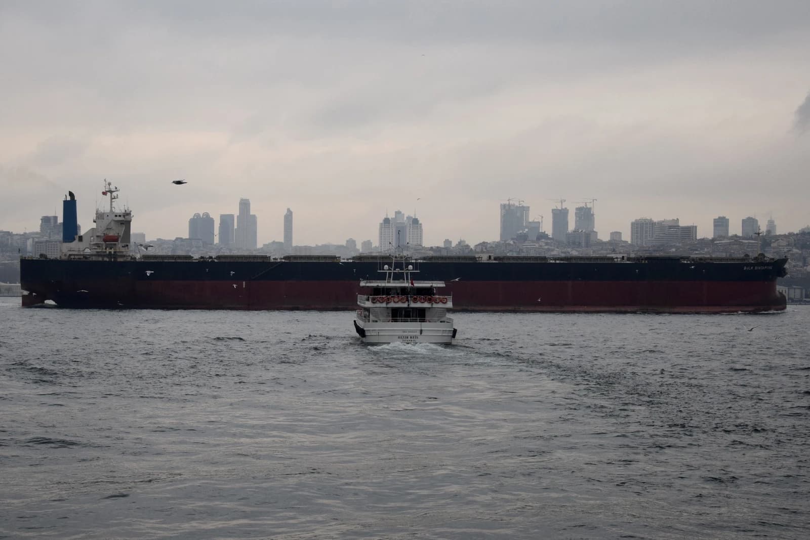 A large bulk carrier ship, the AQUADONNA, sailing in the Bosphorus Strait with Istanbul in the background.