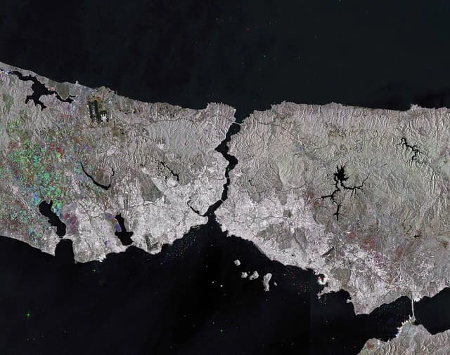 Satellite image of the Bosphorus Strait and surrounding landmasses in Turkey.