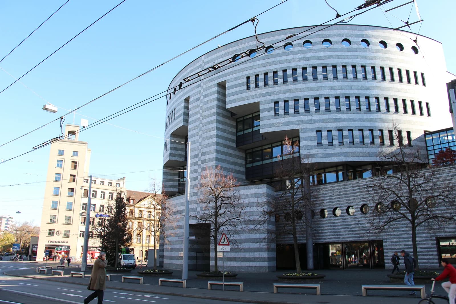 Exterior view of the Bank for International Settlements Botta Building in Basel.