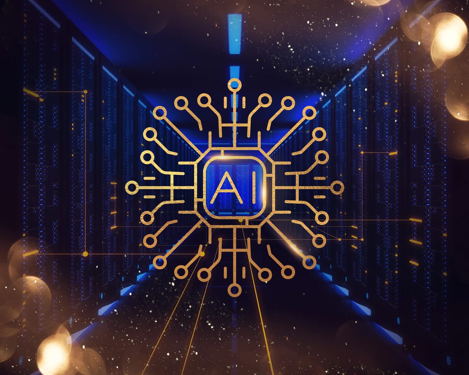 Digital illustration of an AI circuit board chip inside a data center.