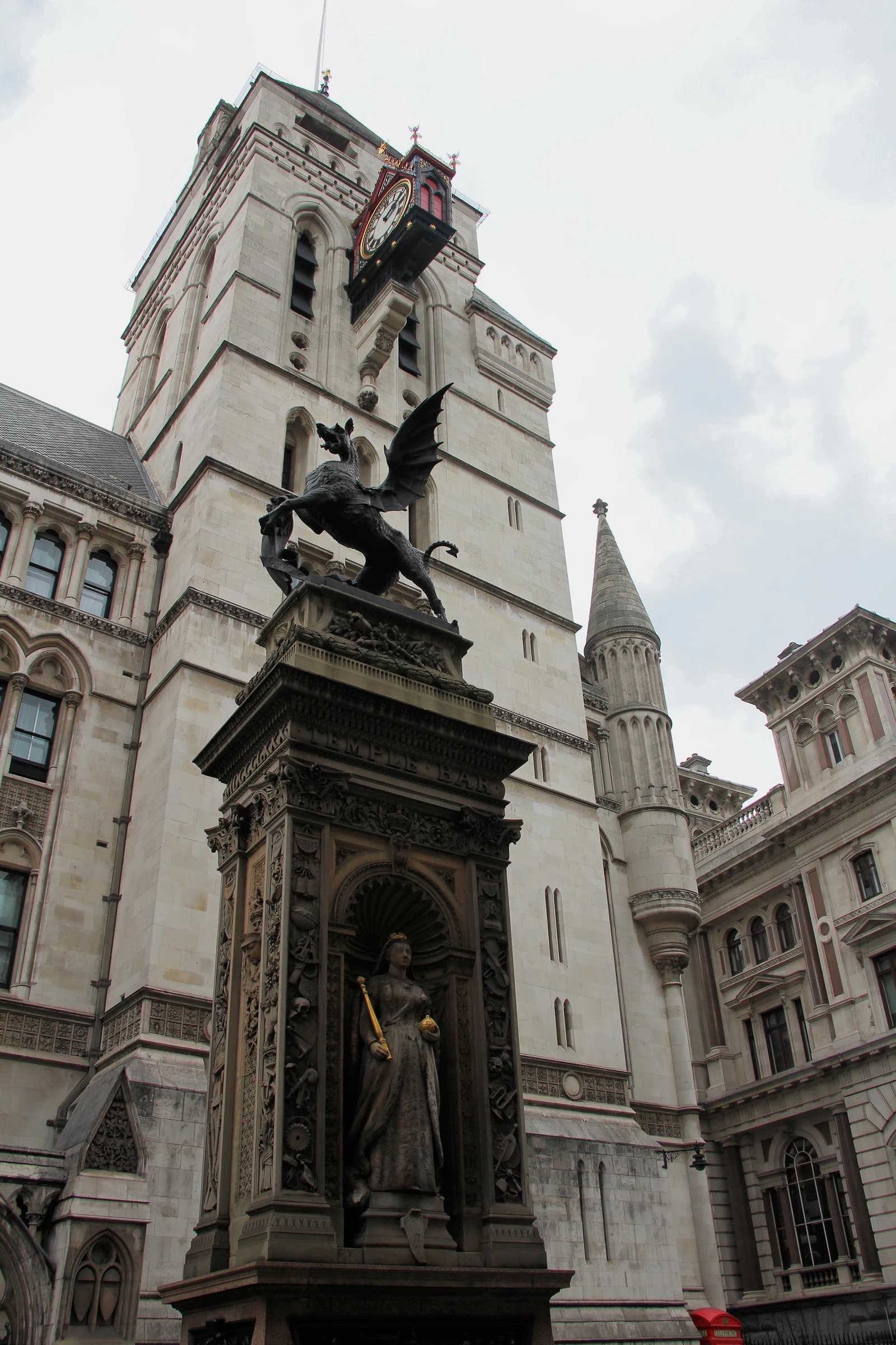 Exterior shot of the Royal Courts of Justice and the Temple Bar Memorial in London.