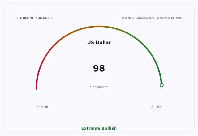 US Dollar sentiment gauge showing an 'Extreme Bullish' reading of 98.