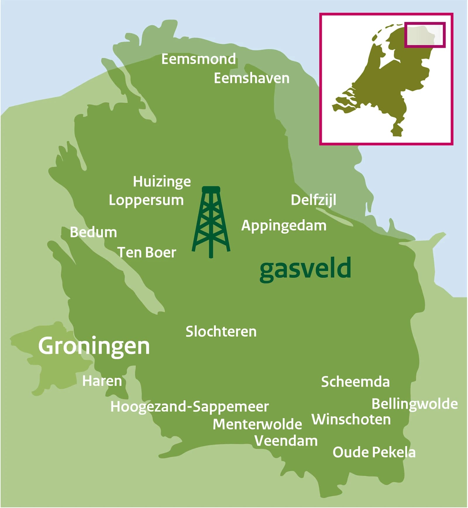 Map of the Groningen gas field in the Netherlands, with town names labeled.