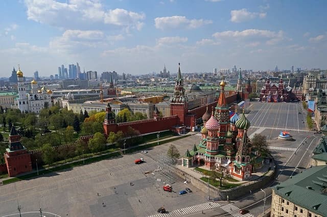 Aerial view of St. Basil's Cathedral, the Kremlin, and Red Square in Moscow.