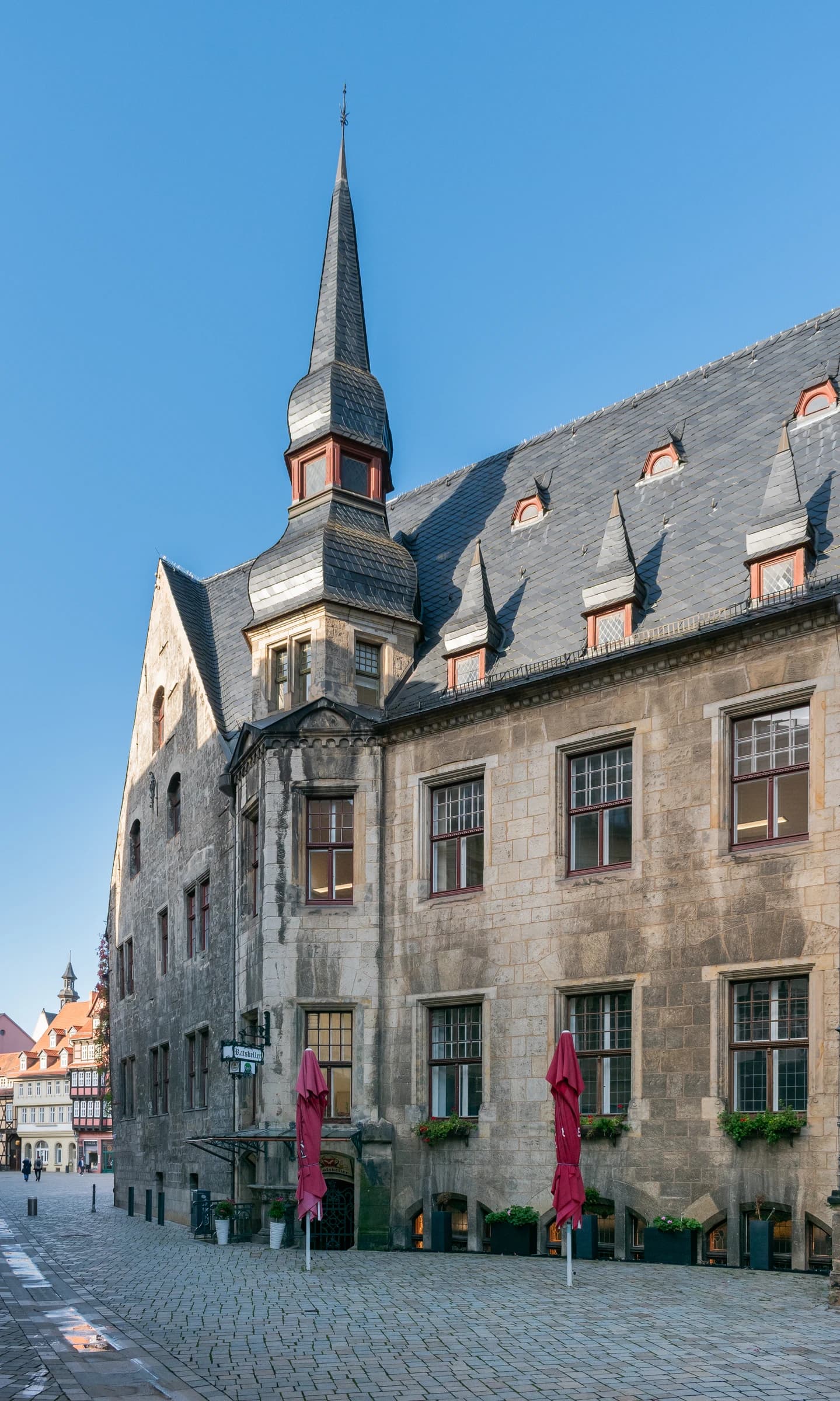 Exterior view of the historic town hall building in Quedlinburg, Germany.
