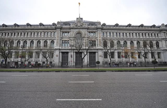 Exterior view of the Bank of Spain headquarters building in Madrid, Spain.