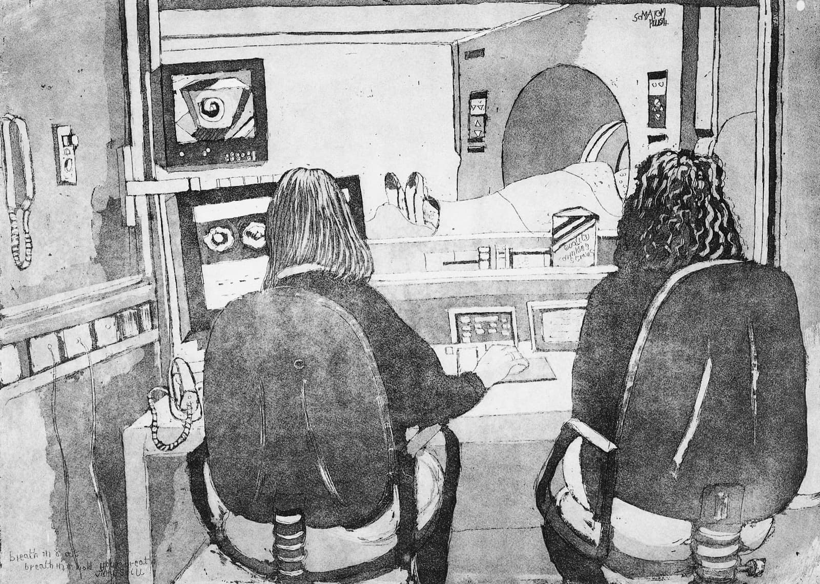 Two medical professionals observe a patient undergoing a CT scan from a control room.