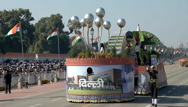 Delhi tableau showcasing educational and innovative themes at a Republic Day Parade.