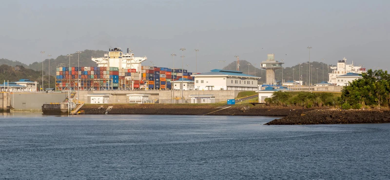 A large container ship loaded with cargo passes through the new Cocoli locks of the Panama Canal.