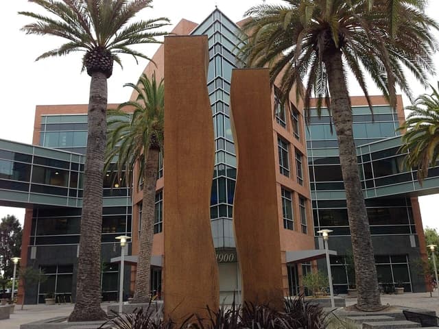 Exterior view of Google Building 1900 with its modern architecture and prominent palm trees.