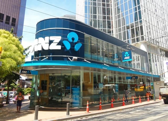 Exterior of the ANZ Bank Tower entrance on Lambton Quay in Wellington, New Zealand.