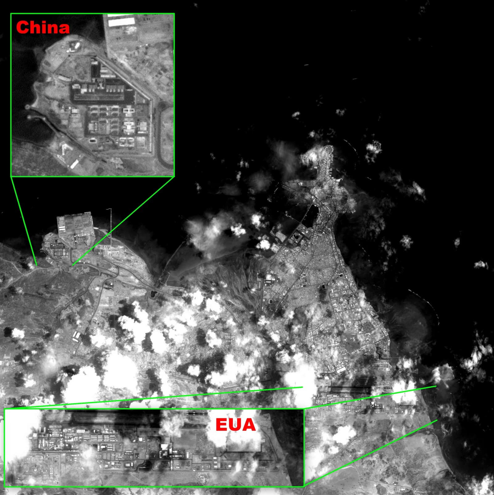 Satellite view of the Chinese military base and the US military base in Djibouti.