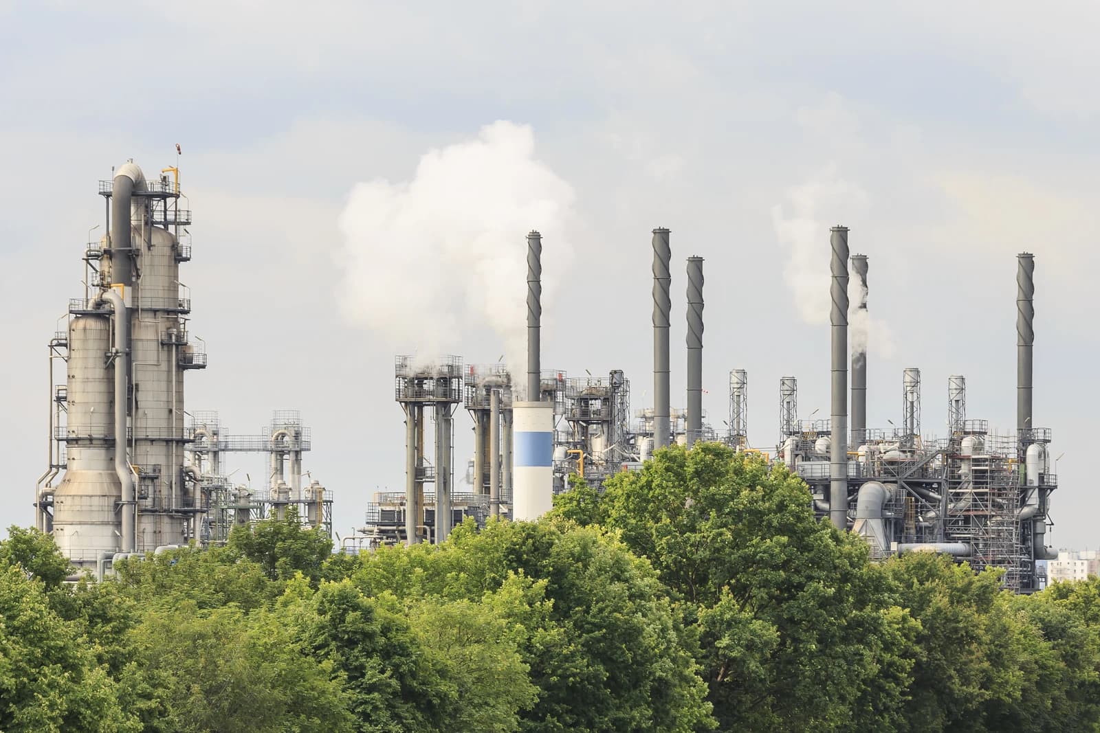 Industrial complex at LyondellBasell in Wesseling, Germany, with smokestacks visible above trees.